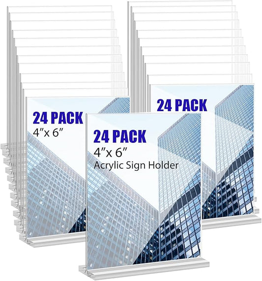 Acrylic Sign Holder 4x6 Inches 24 Pack T Shape Desktop Display Stand Vertical Double Sided Clear Table Menu Flyer Holder for Restaurants, Office, Shop, Wedding