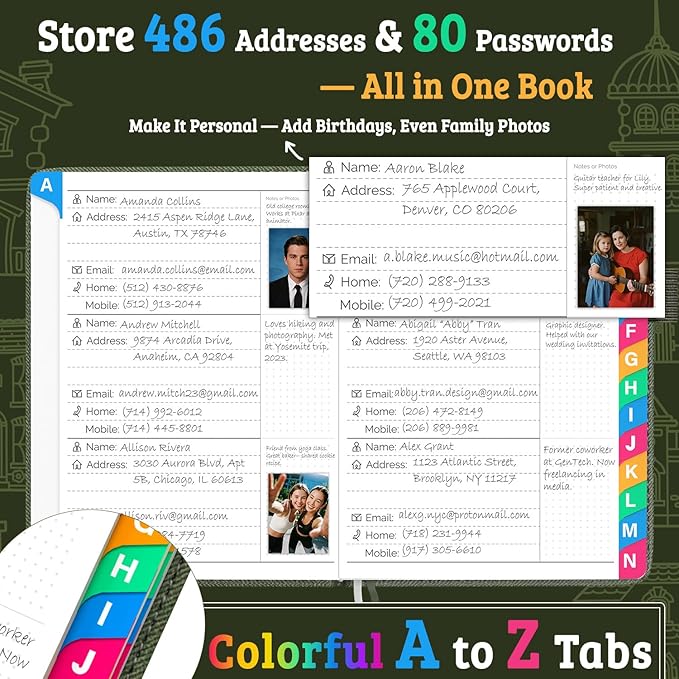 Address Book with Colorful Alphabetical Tabs (4.7" X 6.2") – Telephone Address Contact Book for Seniors, Address Book with Space for Website Address and Internet Passwords (Sage Green)