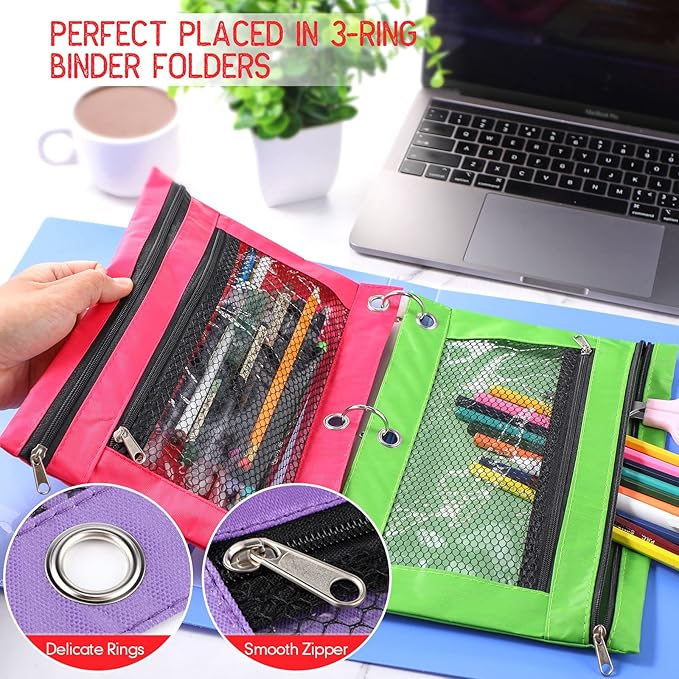 60 Pack Pencil Pouch 3 Ring Zipper Pencil Pouches Case Binder Cosmetic Bag 420d PVC Clear Film Pencil Case Kawaii Office Supplies Double Zip Zipper Pouch (Multi Color)