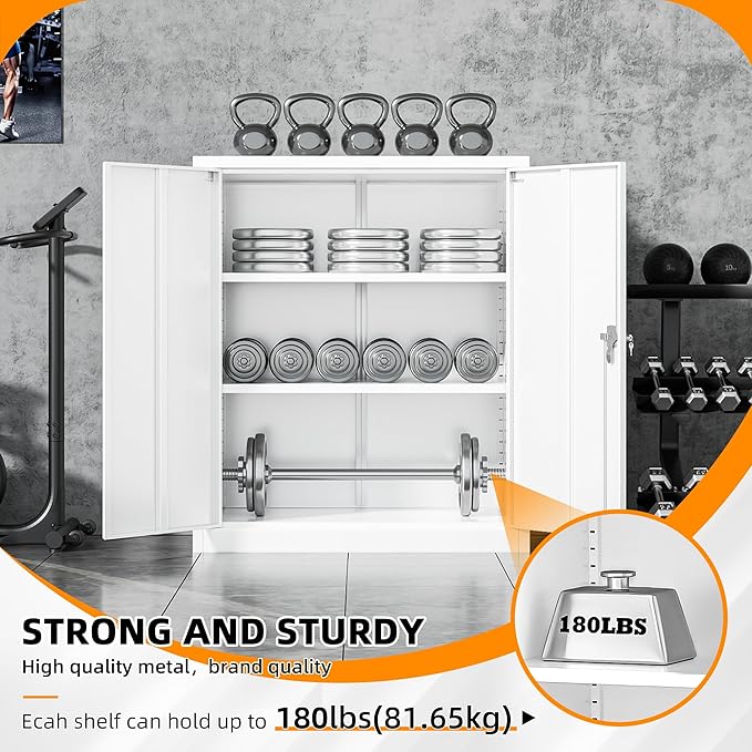 INTERGREAT Metal Cabinet with Lock, Lockable Metal Storage Cabinets with Doors and Shelves for Garage, White Locking Garage Storage Cabinets 36"×32"×16"