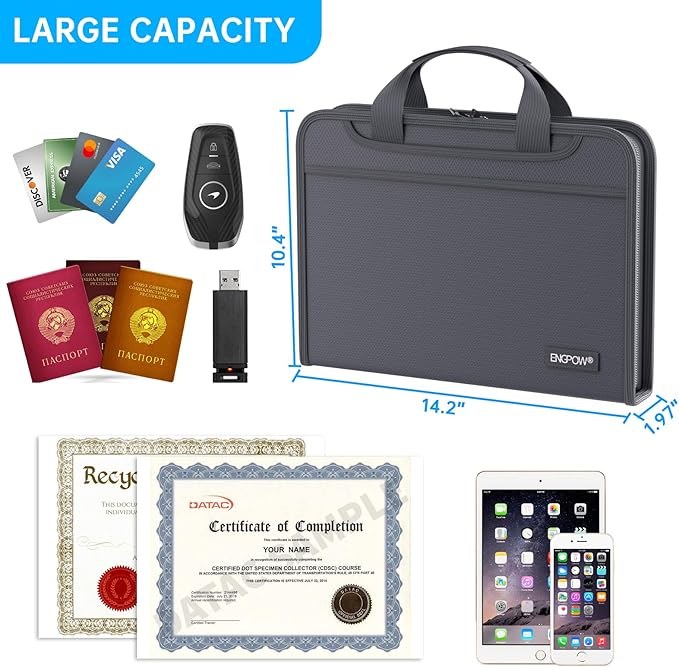 ENGPOW Accordion File Organizer,Fireproof Expanding File Folder with Multi Pockets,13 Pockets Document Organizer Bag with Handle & Labels,Portable Home Travel Safe Storage for Letter A4 Files,Gray