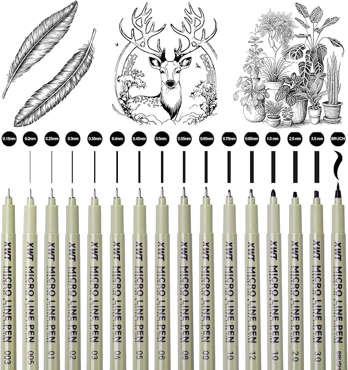 16pcs Fineliner Micro Drawing Art Pens, Black Waterproof Pigment Ink Set for Artists, Sketching, Manga, Watercolor, Calligraphy, and Detail Outlining Archival Quality Inking Markers