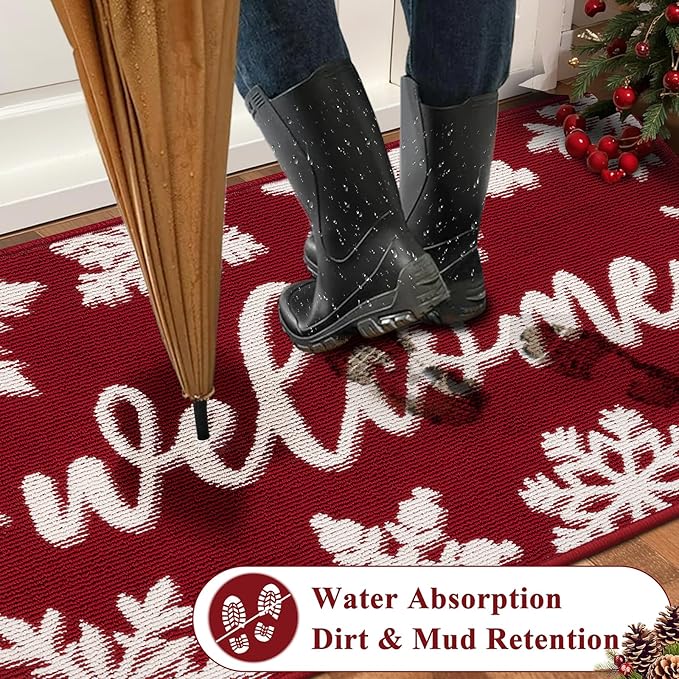 Christmas Doormat with Non Slip, Loop Pile Red and White Indoor Christmas Welcome Mat with Absorbent & Dirt-Trapping, Porch Decor Outdoor Front Door Mat 32x48 Inch