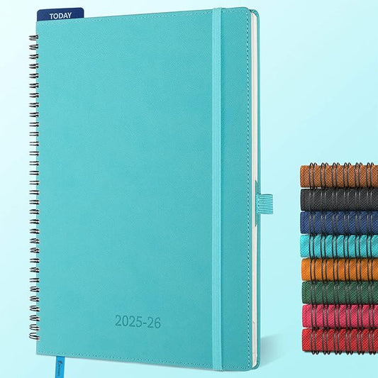 Planner 2025-2026 Daily Weekly and Monthly,11.5"x8.5",18 Months Spiral Bound Calendar Agenda with Self-adhesive Pen Holder,2026 Academic Plan with Vegan Leather Soft Cover,Light Blue