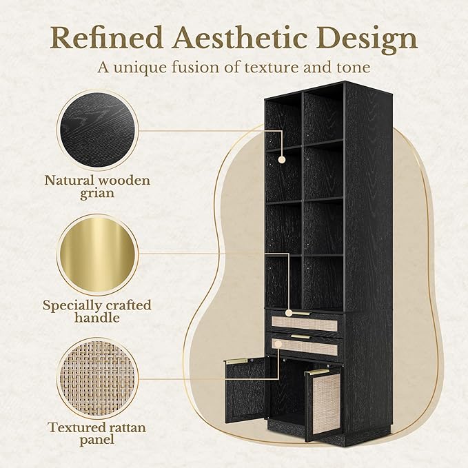 Bookshelf, Bookcase with Doors and 2 Drawers, Rattan Tall Bookshelf with 4-Tier Storage Shelves, 73 inch Wooden Book Shelf for Home Office, Living Room, Black