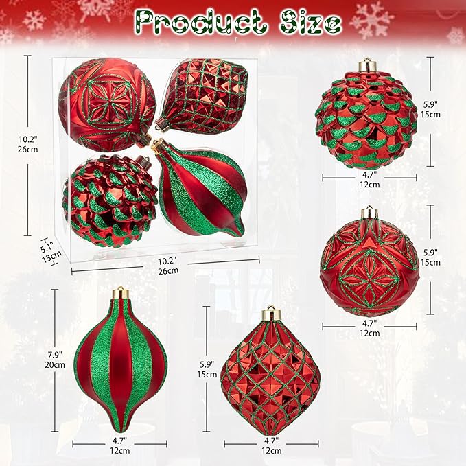 Hollyone 4.7 Inch Large Red and Green Christmas Ornaments 4Pcs Balls Ornaments Shatterproof Christmas Hanging Ornaments for Xmas Tree Decor Wedding Holiday Party Wreath Home Decor (Red & Green, 120mm)