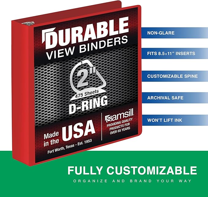 Samsill Durable 2 Inch Binder, Made in The USA, D Ring Binder, Customizable Clear View Cover, Ruby Red, Holds 475 Pages