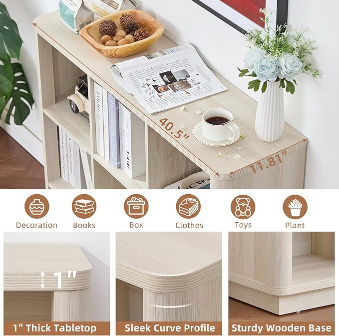 9 Cube Storage Book Shelf, 41" Tall Organizer Bookcase with Curved Edge, Wood Floor Standing 3-Tier Cubby Bookshelf with Base, Vintage Display Book Case for Bedroom, Office, White Cream Oak