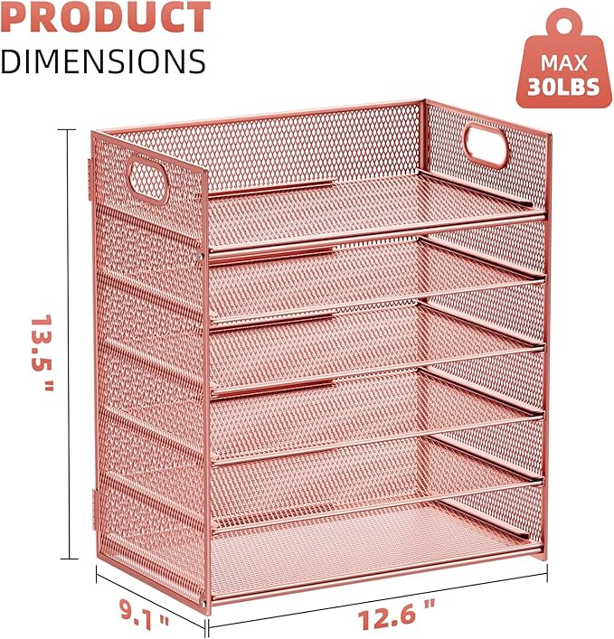 Marbrasse 6 Tier Paper Organizer Letter Tray - Mesh Desk File Organizer with Handle, Paper Sorter Organizer for Letter/A4 Office File Folder Holder - Rose Gold