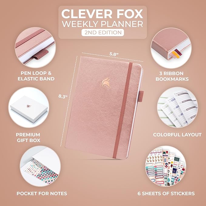Clever Fox Planner 2nd Edition – Colorful Weekly & Monthly Goal Planner, Time Management & Productivity Organizer, Undated, A5 (Rose Gold)