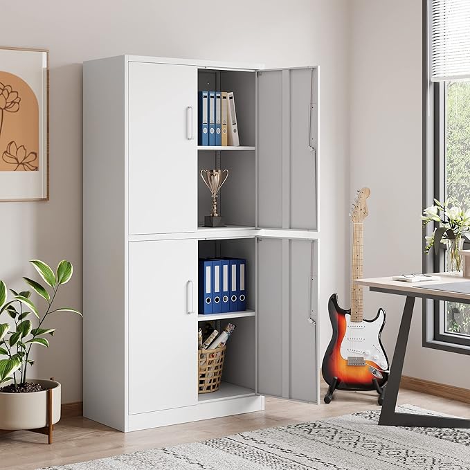 STANI Metal Storage Cabinet, Locking Steel Cabinet With 4 Doors and 2 Adjustable Shelves, 71" Lockable File Cabinet for Home Office, Garage, School (White)
