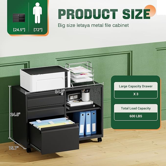 Letaya Mobile 3 Drawer File Cabinet with Lock-Metal Lateral Rolling Printer Stand Filing Cabinets for Home Office-Storage A4/F4/Letter (Black)