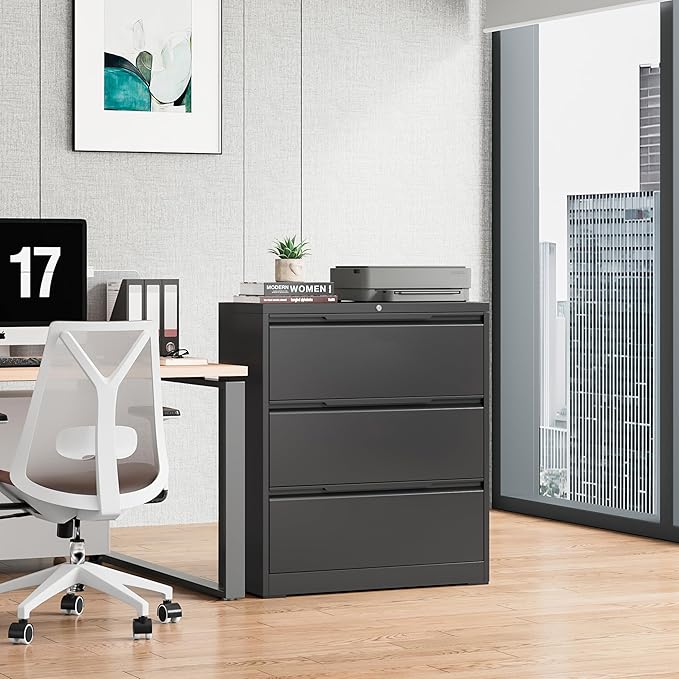 Lateral File Cabinet with Lock, 3 Drawer Lateral Filing Cabinet for Office Home, Locking Metal Steel Wide for Hanging Files Letter/Legal/F4/A4 Size, Easy Assemble Black
