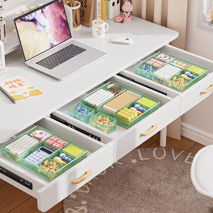 Marbrasse 3 Packs Desk Drawer Organizers, Metal Mesh Dividers with 9 Adjustable Compartments, Pen Organizer for Drawer Tray Box Accessories for Desktop,Kitchen, Makeup(Green)