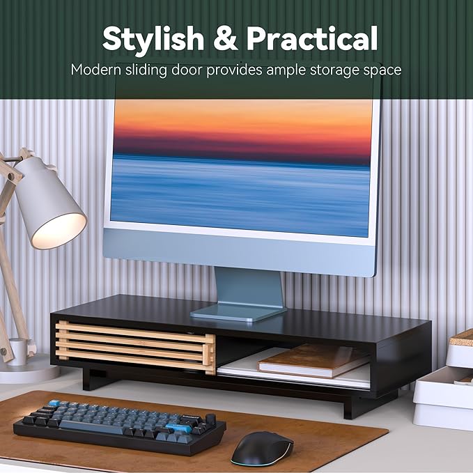 Monitor Stand Riser with Sliding Door, Computer Laptop Stand Desk Shelf Organizer with Storage (Black + Natural Bamboo, 25 Inch)