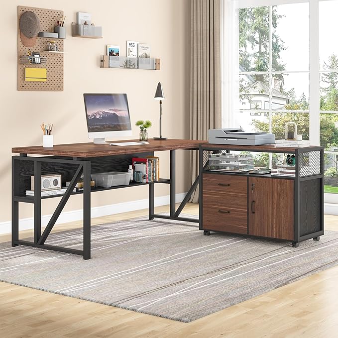 Tribesigns L Shaped Desk with Drawer Cabinet, 63" Executive Computer Desk and lateral File Cabinet, 2 Piece Home Office Furniture with Drawers for Hanging, Doors with Locks (Dark Brown, 63 inches)