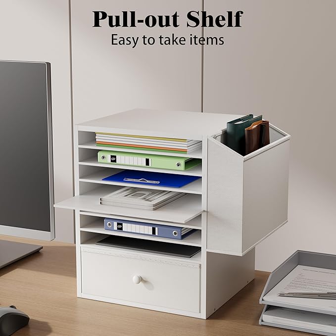 7 Tier Adjustable Countertop Mail Sorter with Drawer, Office Mailboxes With Name Slots, 12 X 12 Paper Storage Slot, Office Desk File Organizer, Wooden Desktop Mailbox For Classroom, White