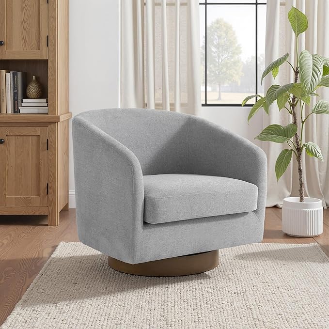 UIXE Swivel Accent Chair with Wood Base, Chenille Upholstered Barrel Chairs for Living Room, Comfy Round Armchair Single Sofa Bedroom Reading Seat - 31" W, Light Gray