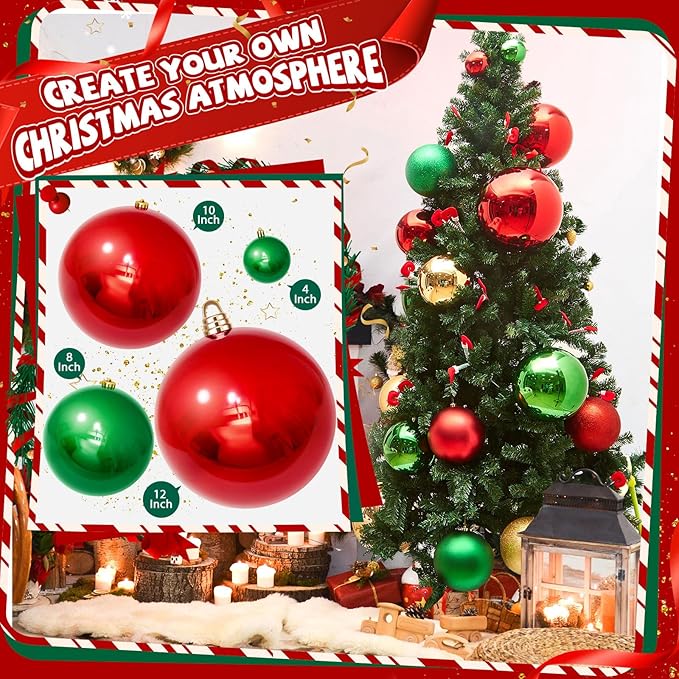 8 Pcs Christmas Ball Ornaments 8 Inch UV Resistant and Waterproof Shatterproof Shiny Plastic Christmas Tree Hanging Ornaments Decoration for Indoor Outdoor Holiday Party(Red, Green)