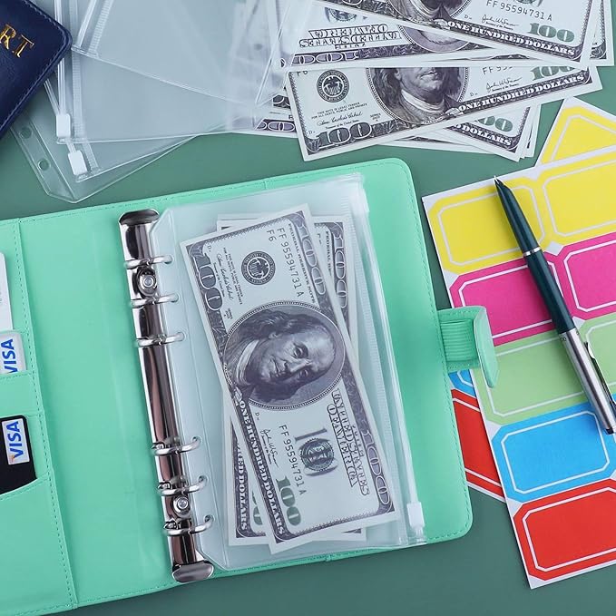 Antner A6 Budget Binder with Zipper Cash Envelopes for Money Organizer & Budgeting, PU Budget Planner Money Saving Binder with Cash Stuffing Envelopes & Labels for Home Office Travel, Light Green
