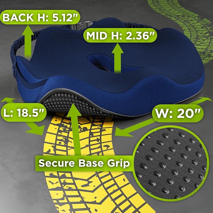 Large Truck Seat Cushion for Truck Driver Seat Cushion - Upgraded Back Support, CertiPUR-US® Certified - Thick Memory Foam, Pain Relief for Hours of Driving, Trucker Approved Big Rig - Navy