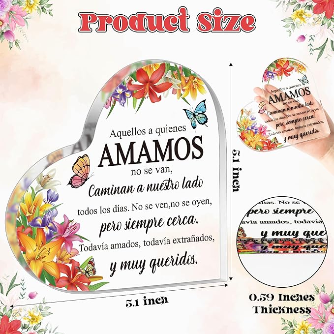 Yopyame Spanish Sympathy Bereavement Gifts - Acrylic Heart Memorial Gift for Loss of Loved One Bereavement Condolences Grief Acrylic Keepsake Paperweight for Family Friend Remembrance Table Decor