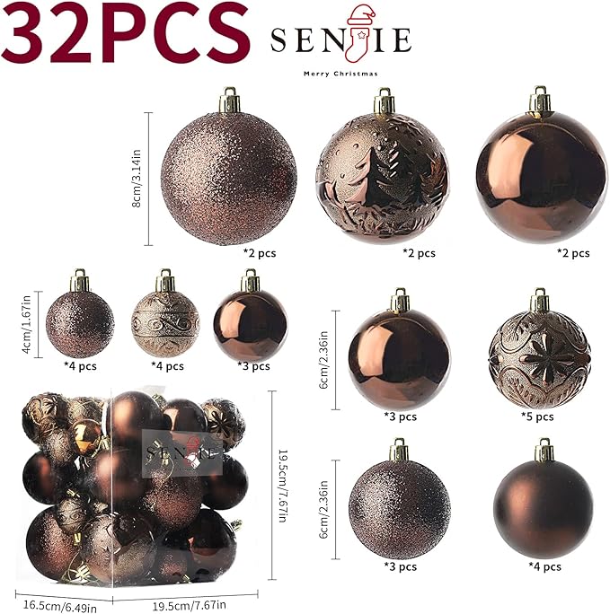 Senjie Brown Shatterproof Christmas Ornaments, 32 Pcs Spherical Balls for Xmas Trees
