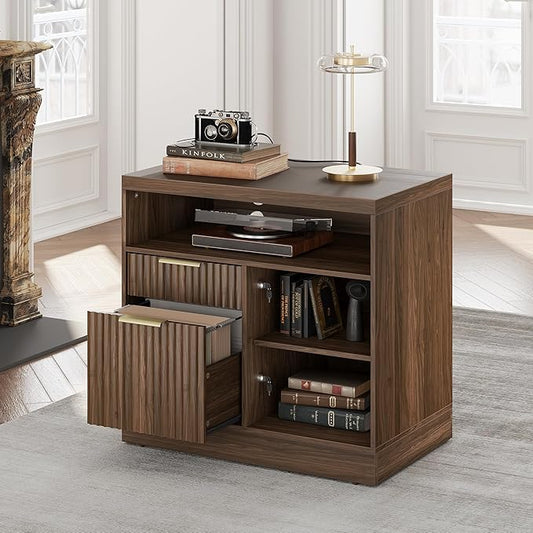 2 Drawer Fluted File Cabinet, 32'' Lateral File Cabinet with Lock and AC/USB for Legal/Letter/A4/F4 Size, Wood Filing Cabinet with Storage Shelves for Home Office, Black Walnut