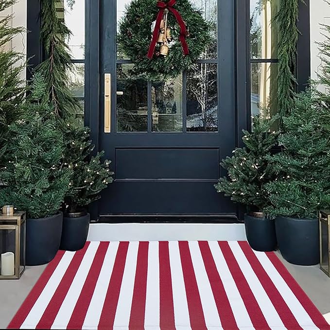 Christmas Outdoor mat Red and White Striped Outdoor Rug Front Porch Rug,Christmas Home Decor, Layerd Welcome Doormat for Front Porch Decor, Front Door, Farmhouse Decor (Red and White, 27.5'' x 43'')