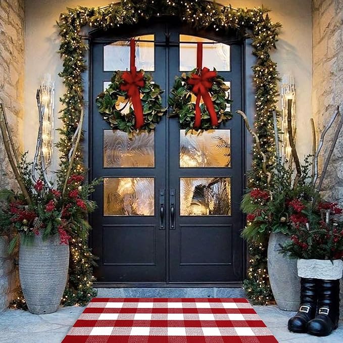 Christmas Plaid Outdoor Rug, 2'4" x 3'7" Red&White Check Indoor/Outdoor Area Rug, Layering Rug for Hello/Welcome Door Mat, Machine Washable Cotton Woven Rug for Farmhouse Front Porch,Entryway
