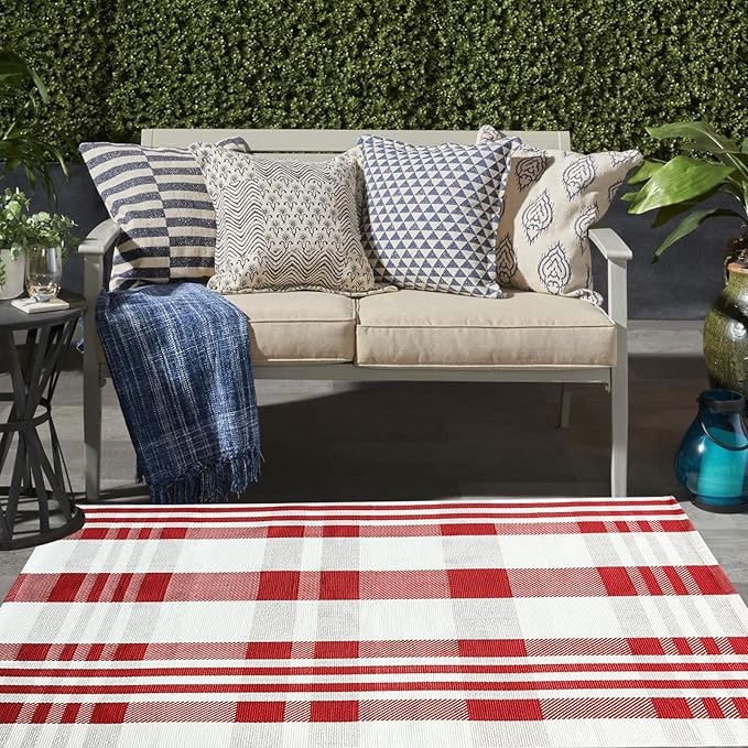 Christmas Plaid Outdoor Rug, 4' x 6' Red&White Check Indoor/Outdoor Area Rug, Layering Rug for Hello/Welcome Door Mat, Machine Washable Cotton Woven Rug for Farmhouse Front Porch, Entryway