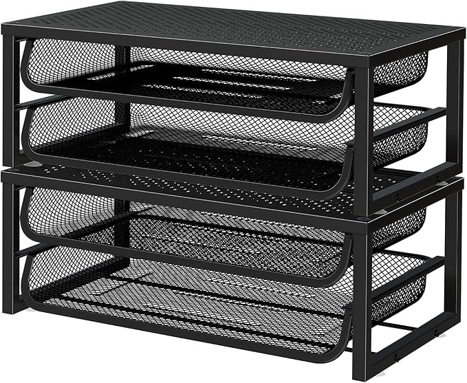 Desk File Organizer, 2 Pack 2 Tier Metal Computer Monitor Stand Riser, Letter Tray Paper Organizer with Sliding Trays for Office, Home, Black