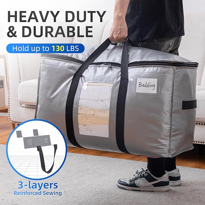 TAILI Extra Large Moving Bags, 4 Pack Silver Heavy Duty Totes For Storage with Visible Window, Wrap Around Handles, Space Saving Storage Bags for Moving Supplies, Alternative to Moving Boxes