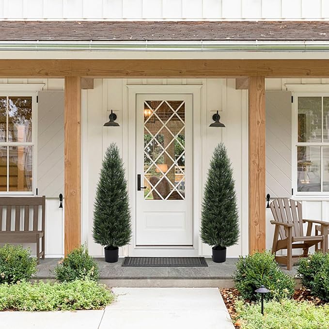 2Pack 5ft Outdoor Artificial Cedar Topiary Trees, All-Weather Faux Pine for Home Porch Entryway Decor