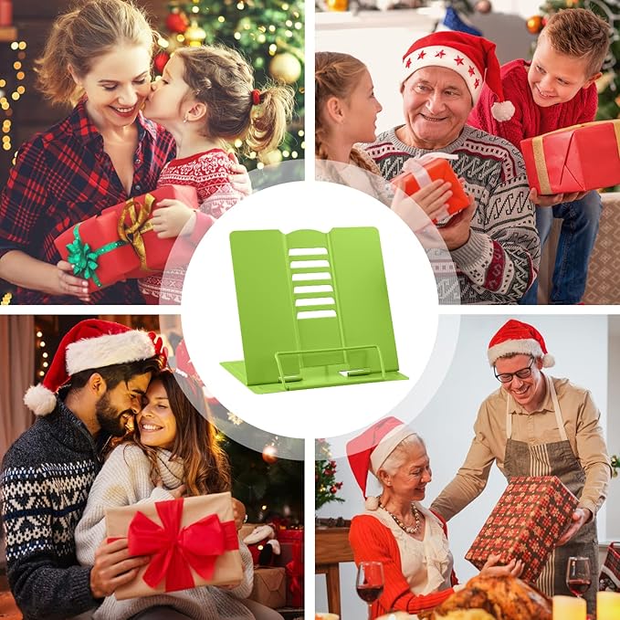 MSDADA Book Stand Metal Reading Rest Book Holder Adjustable Cookbook Documents Holder Portable Sturdy Bookstands for Recipes Textbooks Tablet Music Books with Page Clips (Green)
