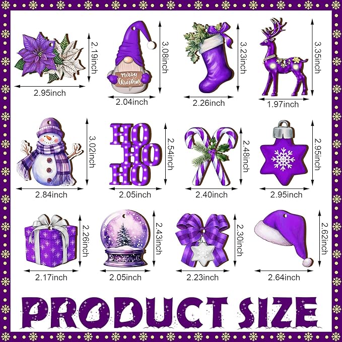 Huwena 36 Pcs Christmas Wooden Ornaments Purple Christmas Decorations for Tree Snowman Gnomes Poinsettia Flowers Truck Wreath Wood Cutouts Tags with Ropes Winter Decor for Xmas Tree Gifts