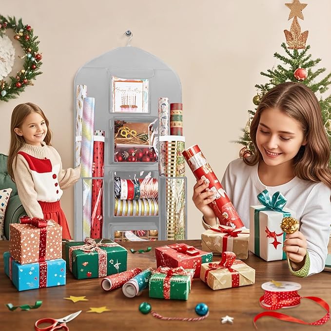 Hanging Gift Wrapping Paper Storage, 48x24 (Extra Large) Grey Double-Sided Christmas Wrapper Bag Container, Oxford Long Craft Roll Organizer, Present Wrap Holder for Closet, Door