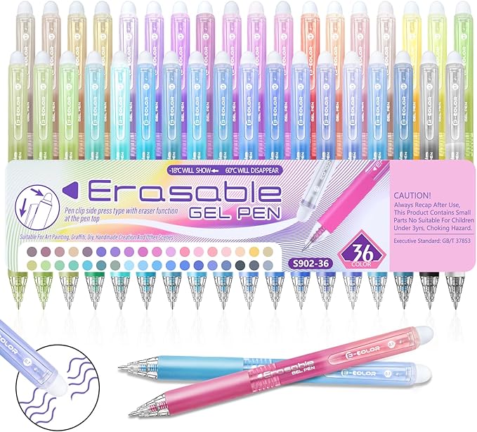 Erasable Gel Pen 36 Colors, Retractable Clicker 0.7mm Fine Point, Assorted Colors Inks, Make Mistakes Disappear, Erasable Gel Pens Perfect for Writing, Drawing & Planners