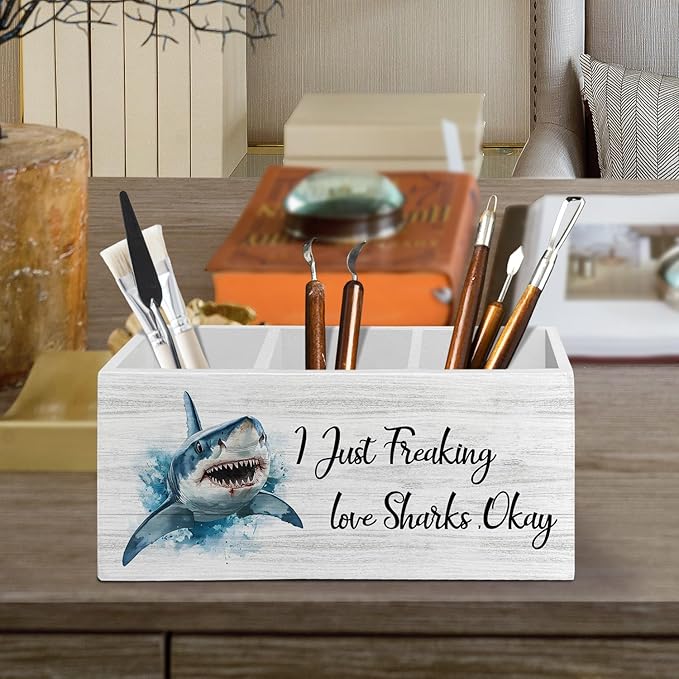 Coastal Beach Shark Pen Pencil Holder Organizer for Desk Accessories, I Just Freaking Love Sharks Okay Wooden Box Sign Desk Decor for Home Office Decoration, Gifts for Shark Lovers