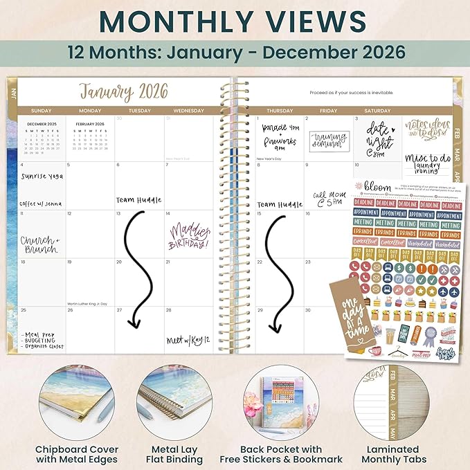 bloom daily planners HARDCOVER 2026 Planner (January to December) - 8.5” x 11” Weekly & Monthly Dated Agenda Organizer Book with Stickers & Tabs - Coastal Calm