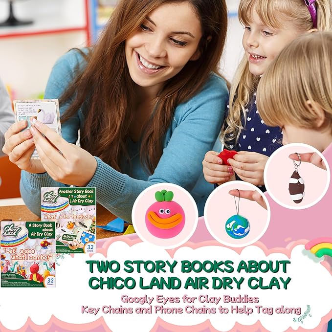 Chico Land Clay Kit - 32 Colors Air Dry Clay, Gift for Boys & Girls Age 4+ Year Old, DIY Model Modeling kit for Kids, with Sculpting Tools, Decoration Accessories, Kids Art Crafts
