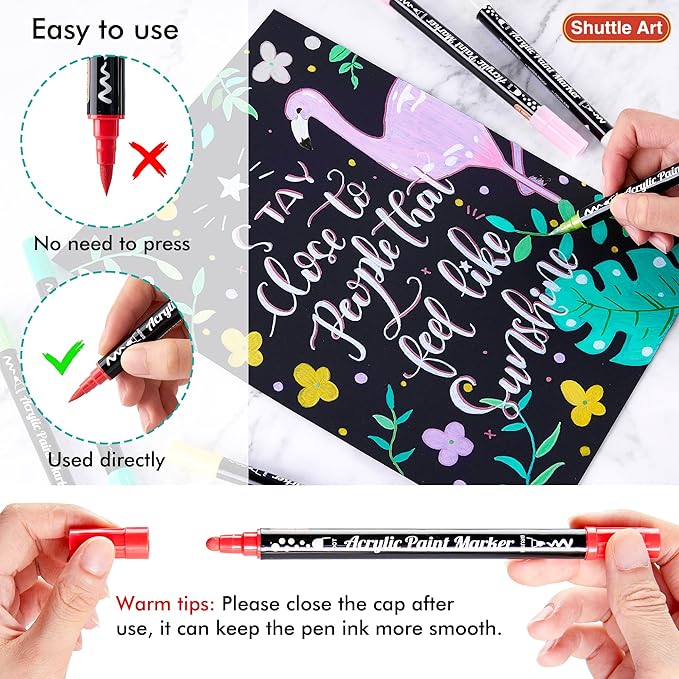 Shuttle Art 36 Colors Dual Tip Acrylic Paint Markers, Brush Tip and Dot Tip Acrylic Paint Pens for Rock Painting, Ceramic, Wood, Canvas, Plastic, Glass, Stone, Calligraphy, Card Making, DIY Crafts