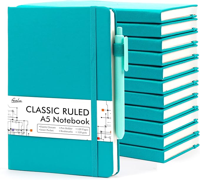 feela 12 Pack Notebooks Journals Bulk with 12 Black Pens, A5 Hardcover Notebook Classic Ruled Journal Set with Pen Holder for School Business Work Travel Writing, 120 GSM, 5.1”x8.3”, Emerald