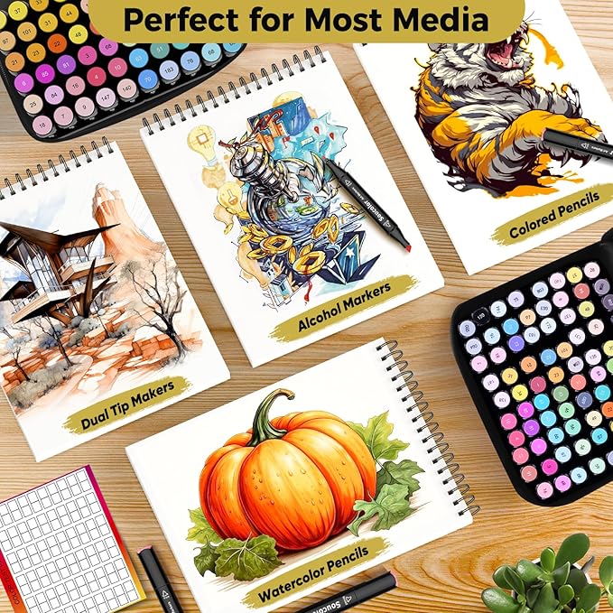 Soucolor 100 Sheets Marker Paper Pad, 9"x12" Bleedproof Art Sketch Pad, 73lb/120gsm Drawing Paper Spiral Sketch Book, Alcohol Marker Paper Painting Coloring Paper for Beginners, Artists, Kids