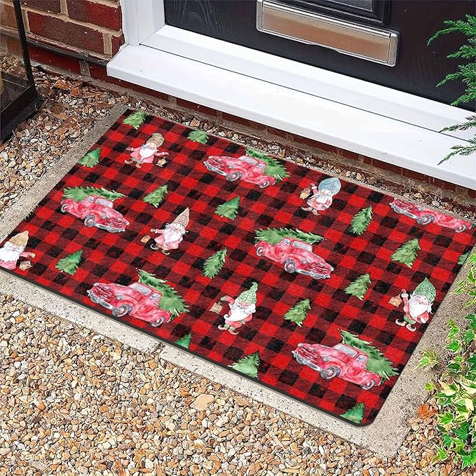 Christmas Front Door Mat Entryway Rug Buffalo Plaid Welcome Matt Front Porch Rugs Santa Claus Truck Doormat Outdoor Entrance Outdoor Rug Floor Mats, 18" x 30"Inch
