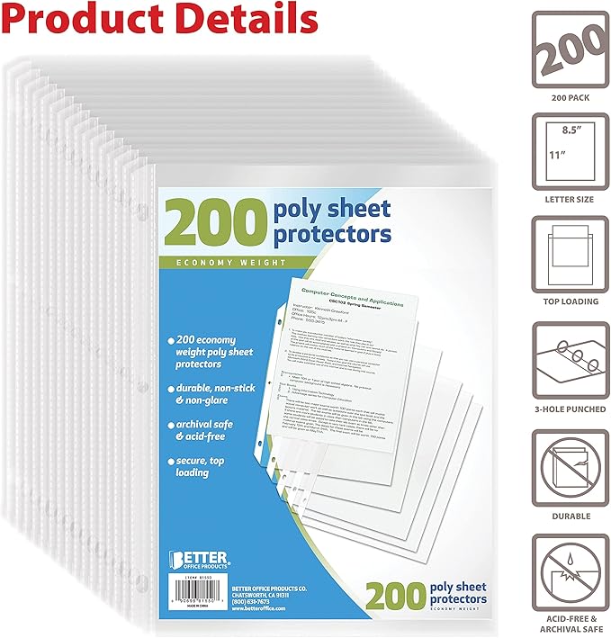 Better Office Products Sheet Protectors, 200 Piece