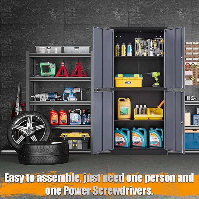 STANI Metal Storage Cabinet, Locking Steel Cabinet with 4 Doors and 2 Adjustable Shelves, 71'' Lockable File Tall for Home Office,Garage,School, Black&grey, (TSJ-BG)