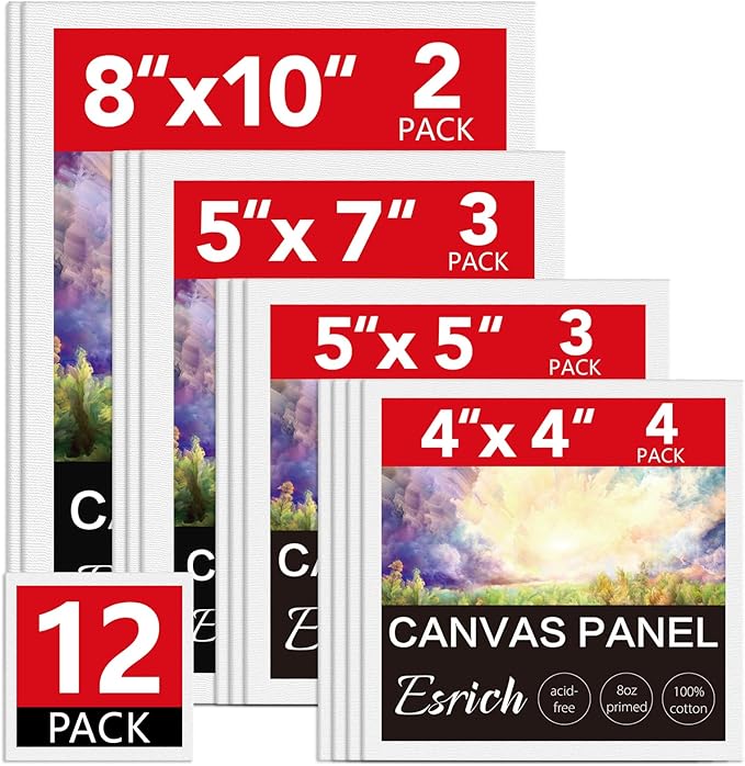 ESRICH Canvas Boards for Painting 12 Pack Art Supplies Paint Canvas 4x4, 5x5, 5x7, 8x10 Blank Large Canvases for Painting-Cotton Primed Canvas Panels for Acrylic, Oil, Gouache & Tempera.