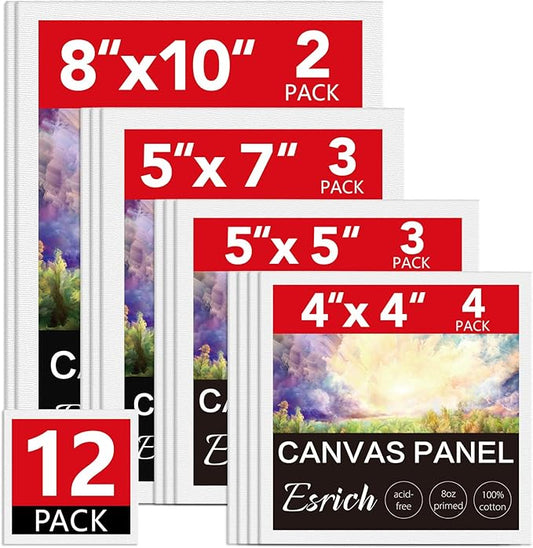 ESRICH Canvas Boards for Painting 12 Pack Art Supplies Paint Canvas 4x4, 5x5, 5x7, 8x10 Blank Large Canvases for Painting-Cotton Primed Canvas Panels for Acrylic, Oil, Gouache & Tempera.