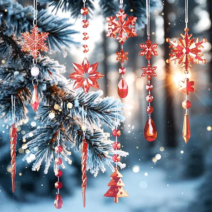 Lanpn 22pcs Christmas Ornaments Crystal Christmas Tree Decoration, Hanging Clear Acrylic Snowflake Icicle Drop Crystal Pendants for Xmas Tree Winter New Year Outdoor Indoor Party Decoration (Red)